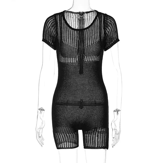 Knitted Hollow Out O-Neck Short Sleeve Skinny Romper