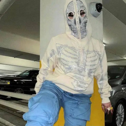Skeleton Rhinestone Hoodie Full Zip Up Women Cyber Y2K Hooded Sweatshirts