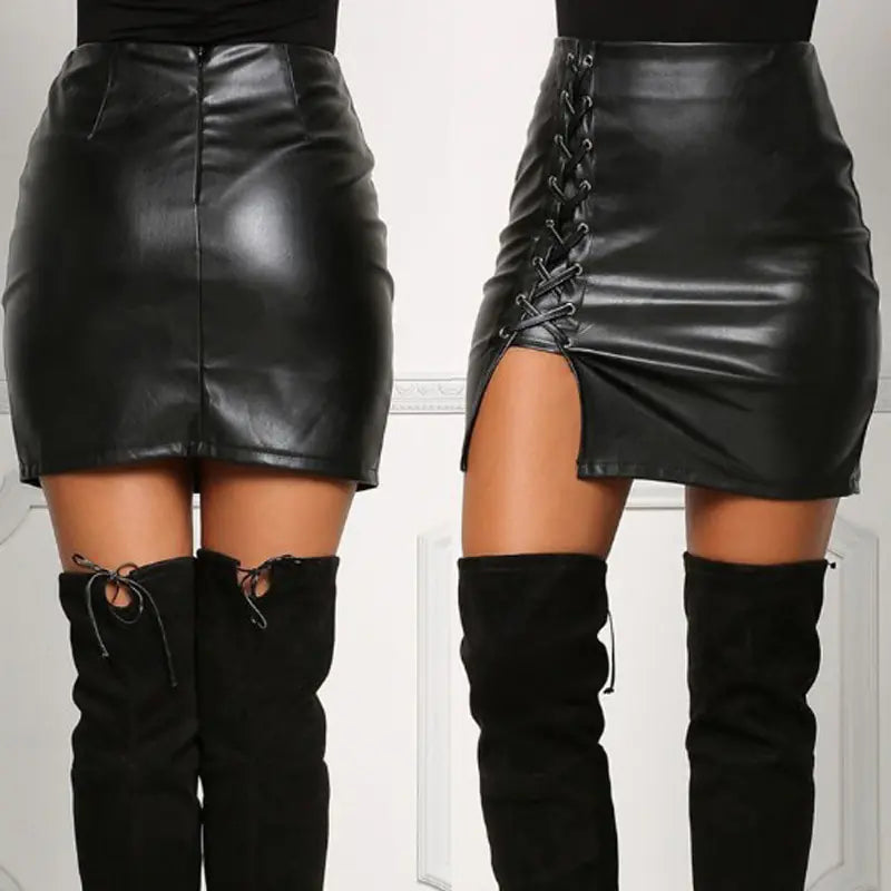 Belted Leather High-Slit Skirt