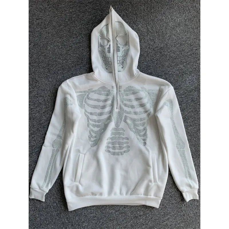 Skeleton Rhinestone Hoodie Full Zip Up Women Cyber Y2K Hooded Sweatshirts