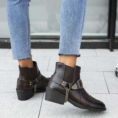 Chain PU Leather Block Heel Boots