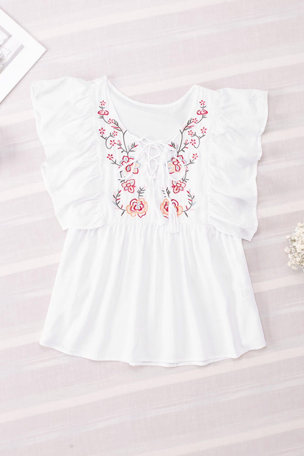 Embroidered Tie Neck Cap Sleeve Blouse
