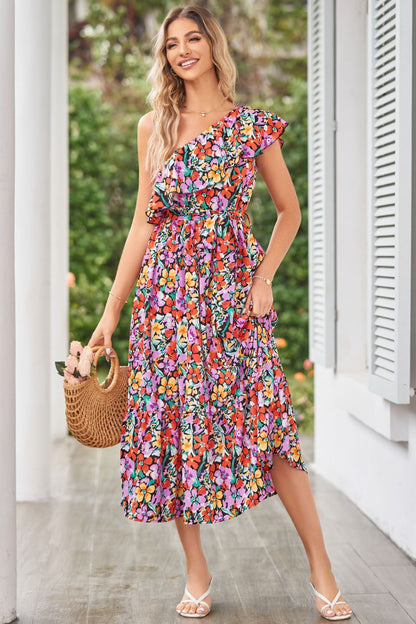 Ruffled Floral One Shoulder Dress