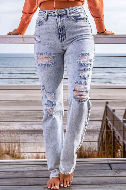 Distressed Straight Leg Jeans with Pockets