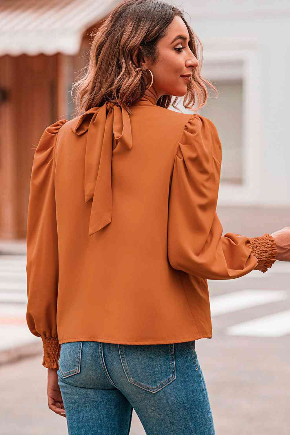 Mock Neck Puff Sleeve Blouse