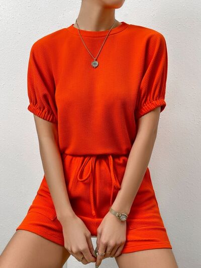 Waffle-Knit Round Neck T-Shirt and Pocketed Shorts Lounge Set