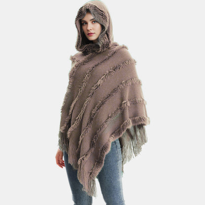 Fringe Trim Hooded Shawl