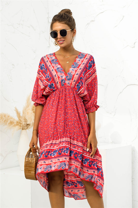 Vestido estampado bohemio con cuello en V