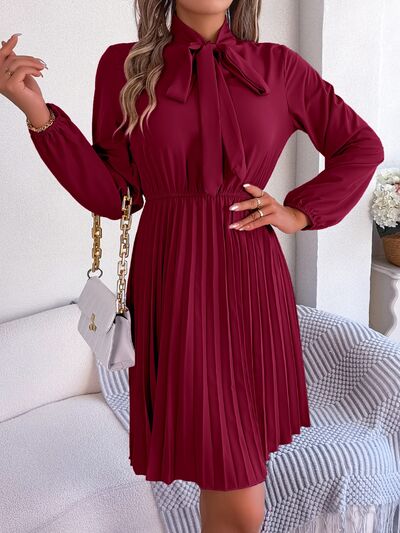 Tie Neck Balloon Sleeve Pleated Dress