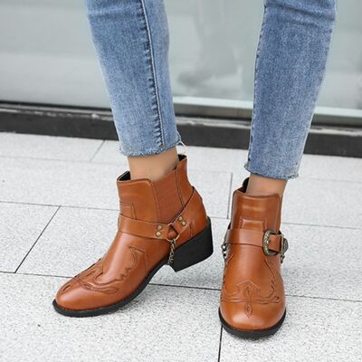 Chain PU Leather Block Heel Boots