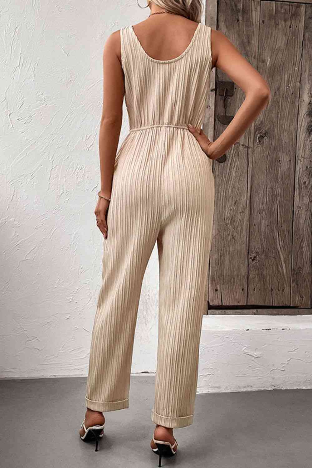 Textured Sleeveless Jumpsuit with Pockets