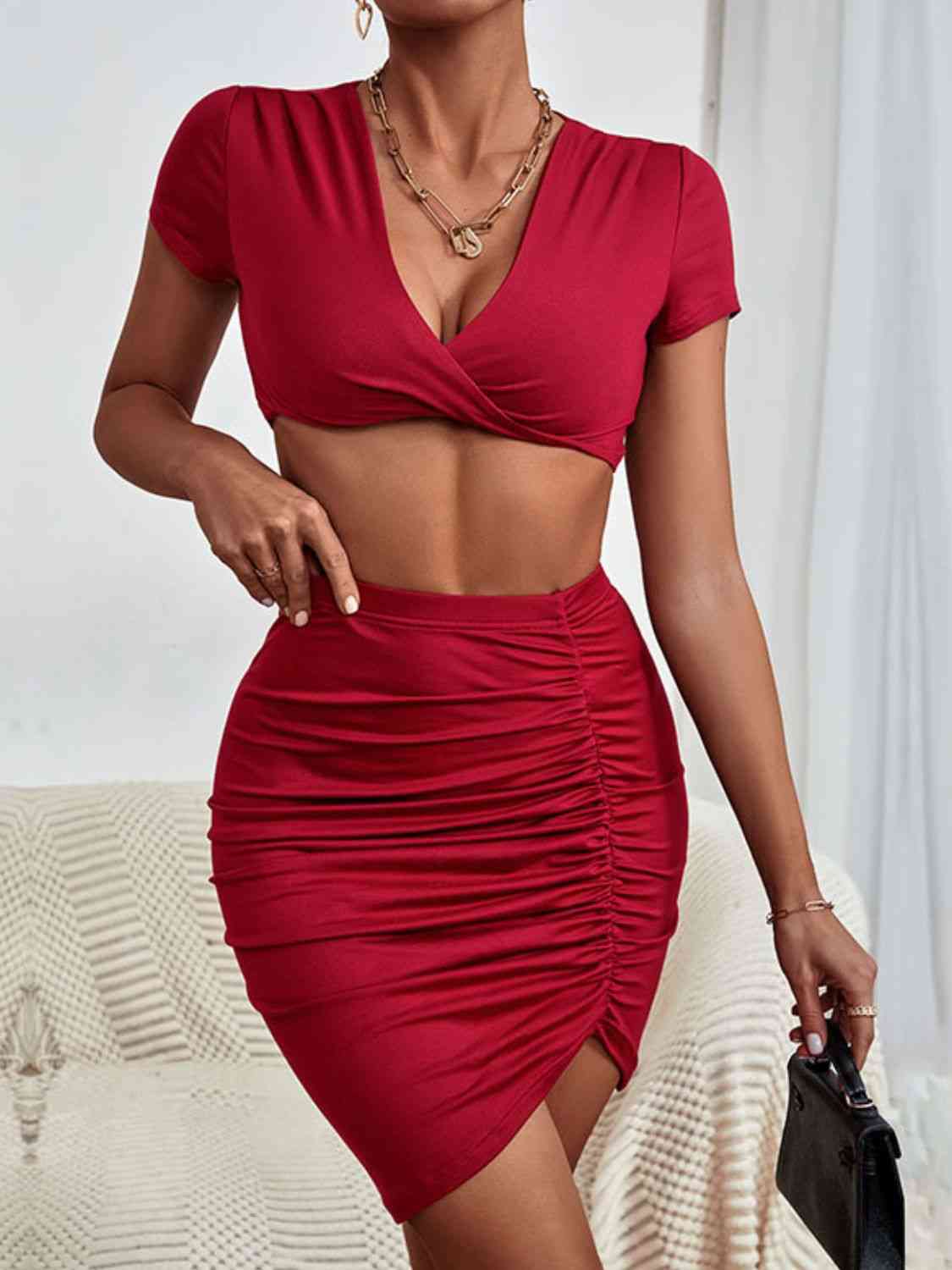 Twisted Deep V Cropped Top and Ruched Skirt Set