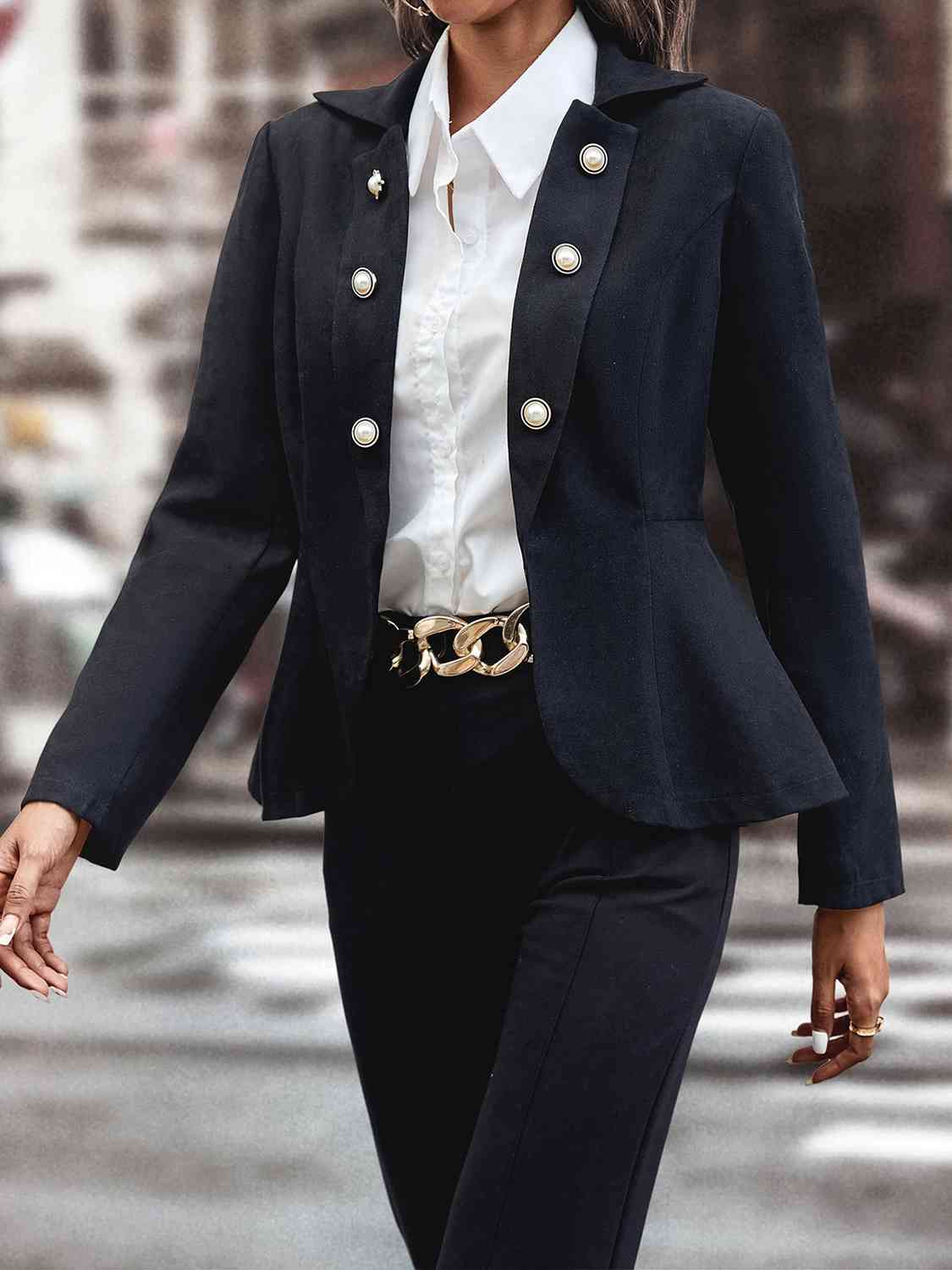 Buttoned Lapel Collar Long Sleeve Blazer