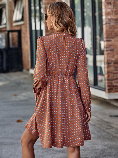 Printed Ruched Mock Neck Long Sleeve Dress