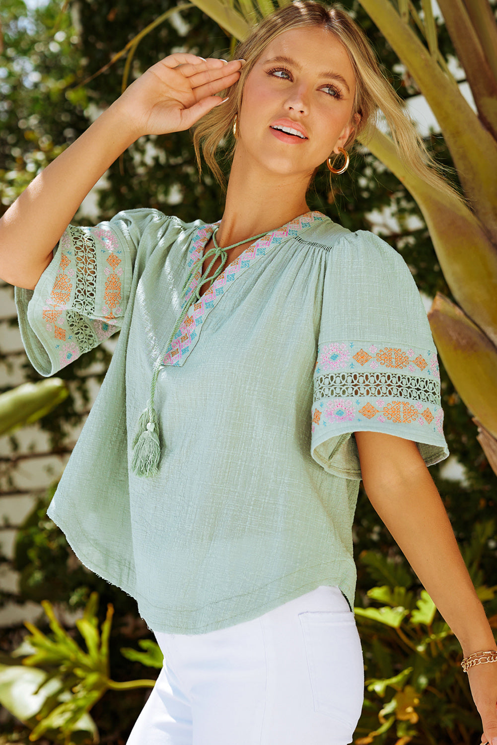 Bohemian Tassel Half Puff Sleeve Top