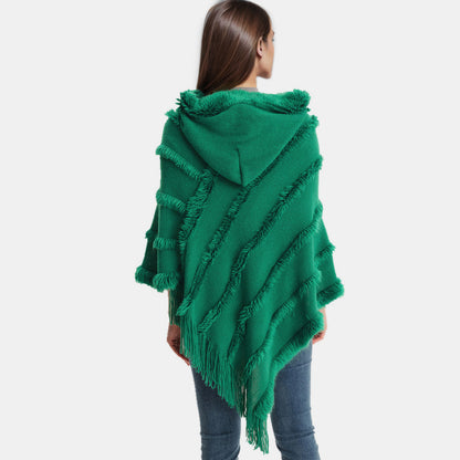 Fringe Trim Hooded Shawl