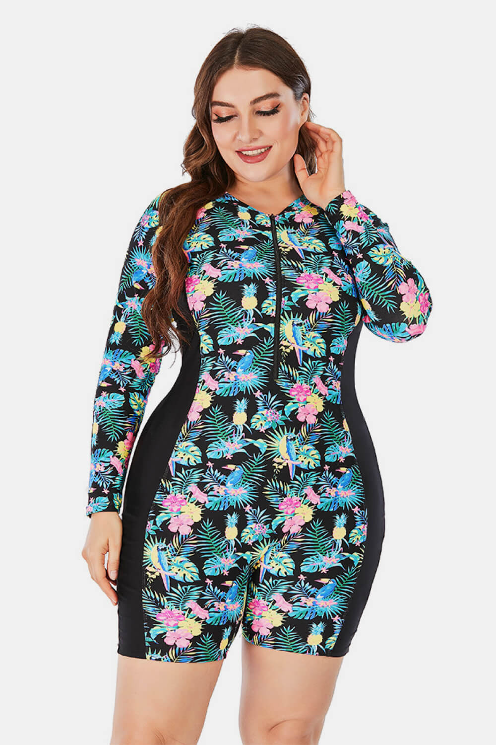 Traje de neopreno corto de manga larga con cremallera floral de talla grande