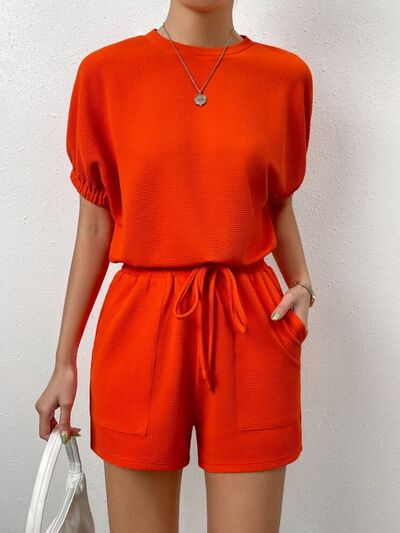 Waffle-Knit Round Neck T-Shirt and Pocketed Shorts Lounge Set