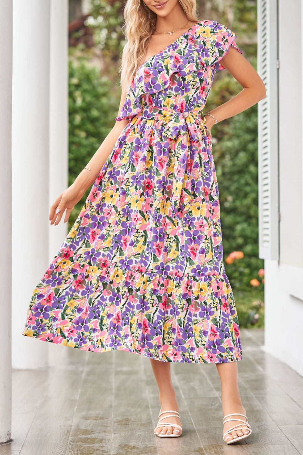 Ruffled Floral One Shoulder Dress