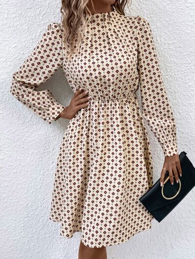 Printed Ruched Mock Neck Long Sleeve Dress