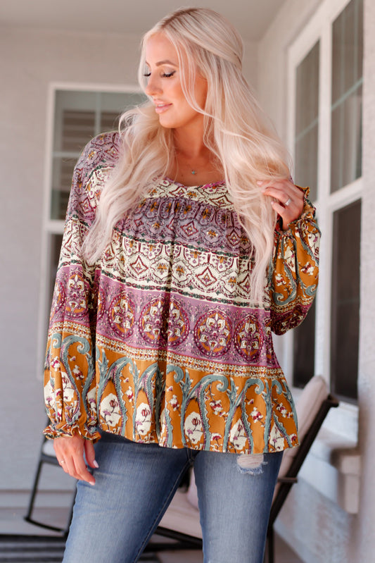 Bohemian Long Flounce Sleeve V-Neck Blouse