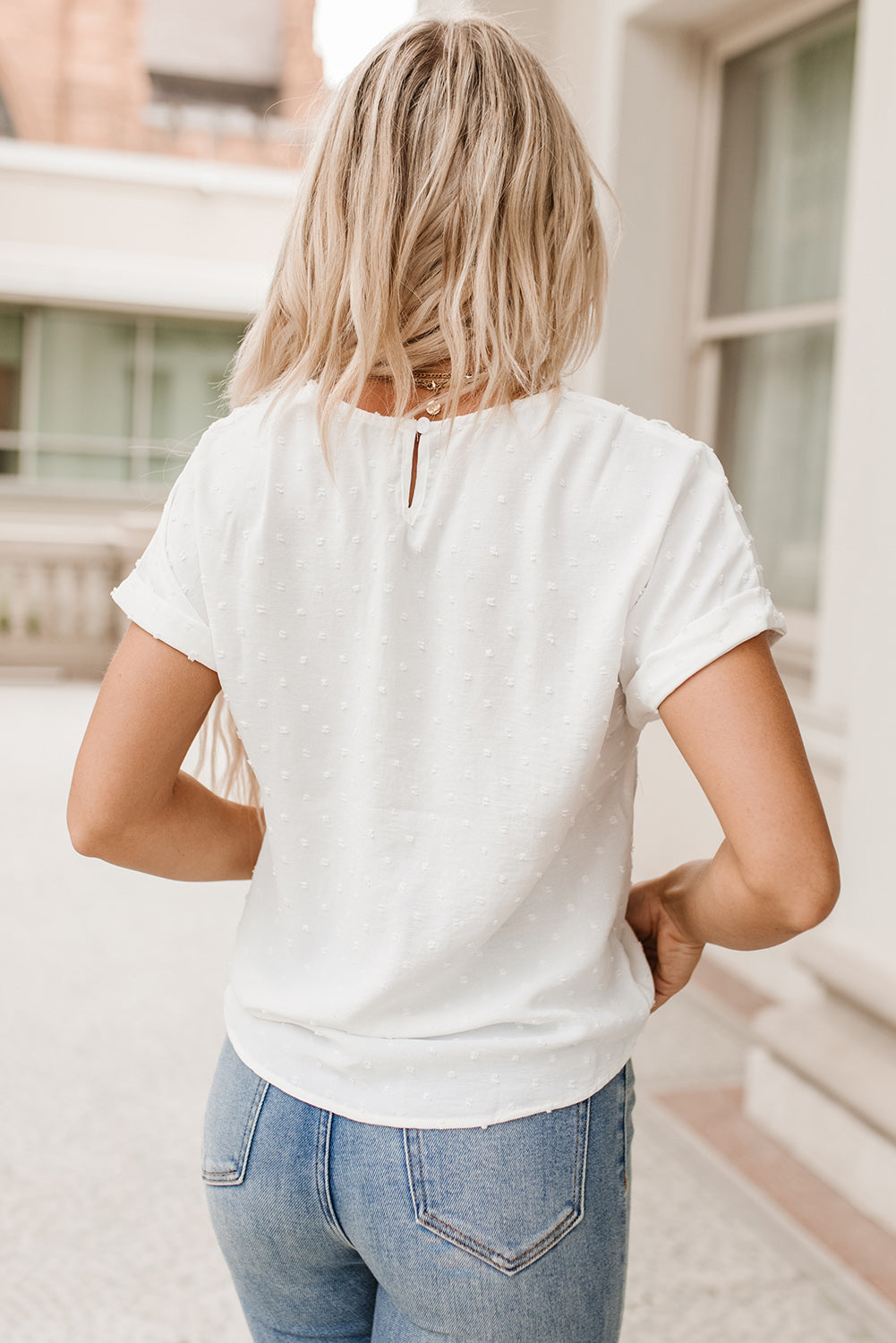 Lace Detail Swiss Dot Short Sleeve Blouse