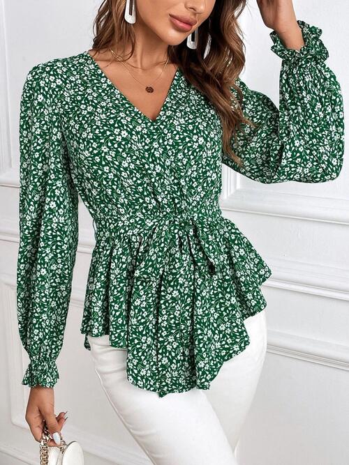 Printed V-Neck Tie Front Flounce Sleeve Blouse